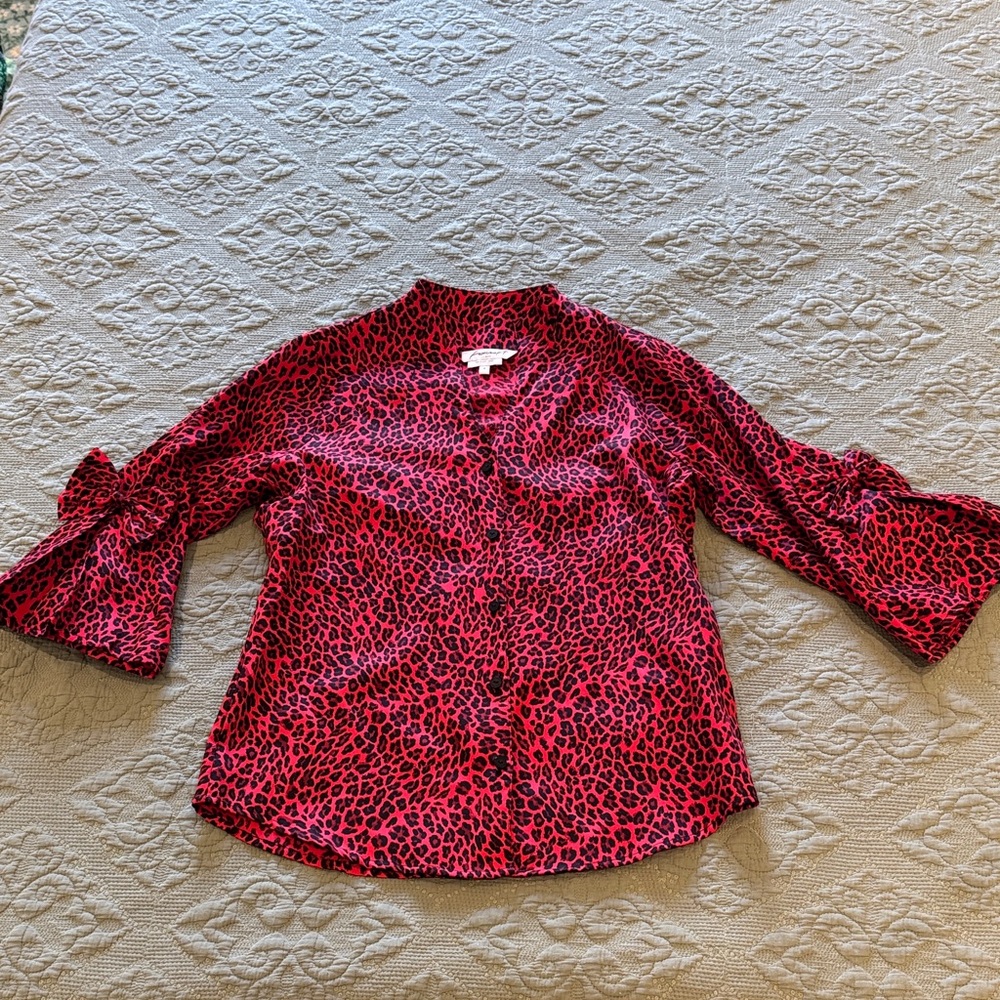 Foxcroft Red and Black Leopard Print Blouse